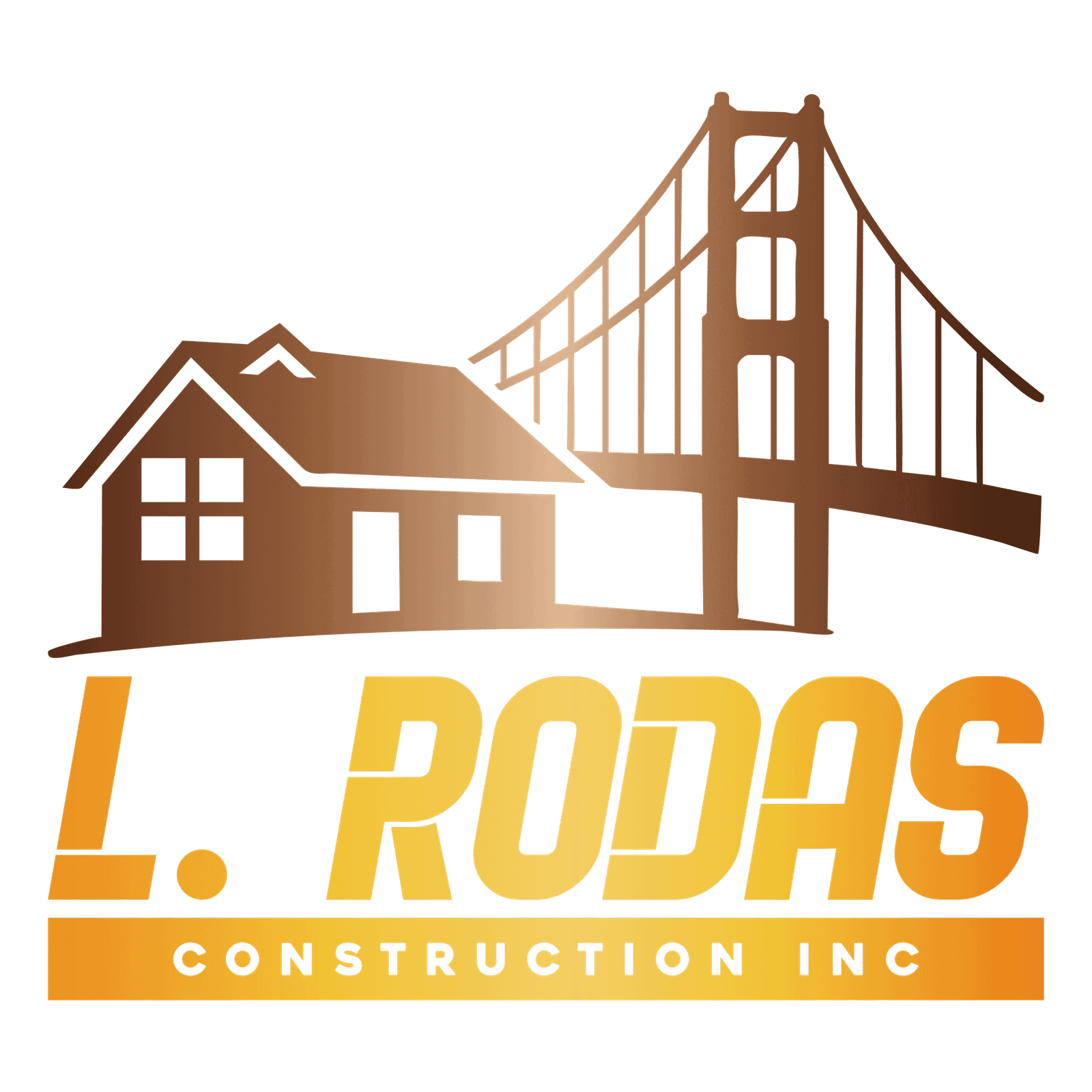 Modern construction logo featuring house and bridge elements in bronze and gold tones.